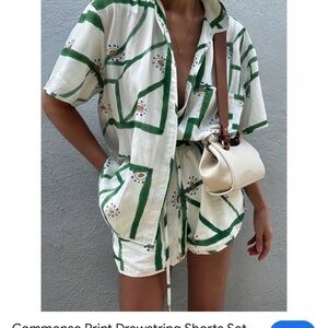 Commense Green and White Print Shorts Set